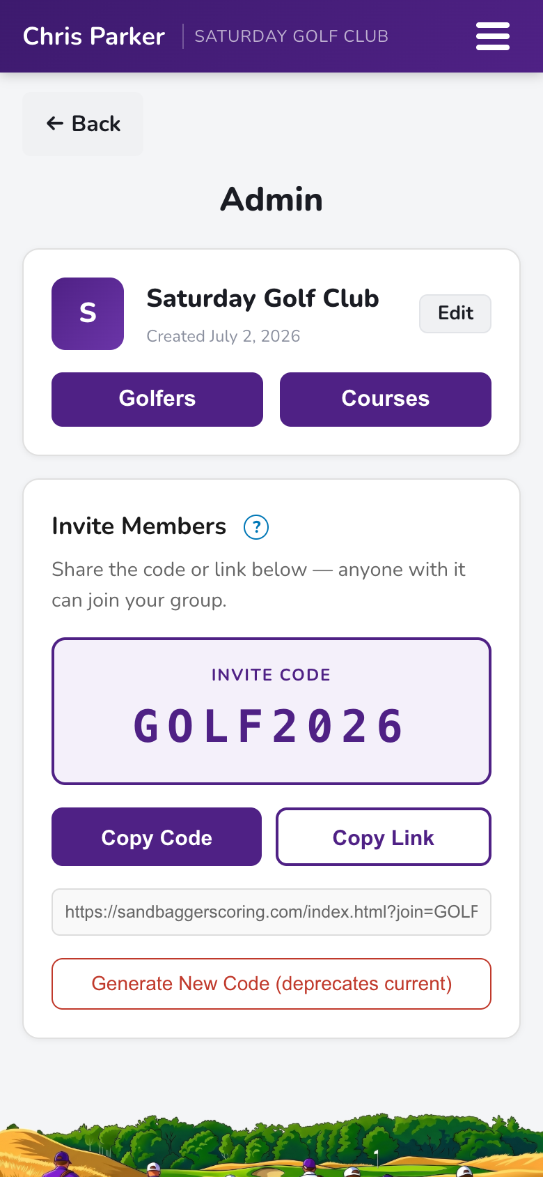Admin page with Golfers, Courses, and invite code